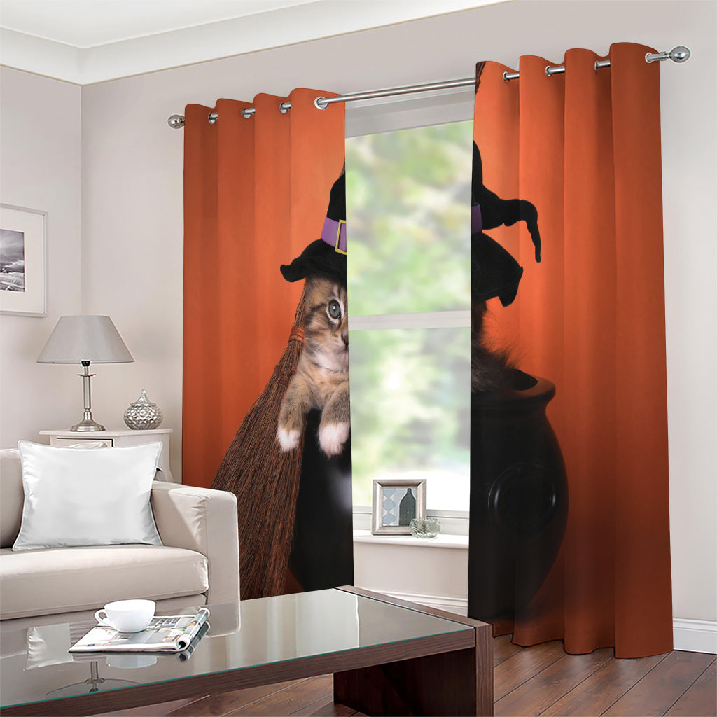 Halloween Cute Witch Cat Print Extra Wide Grommet Curtains