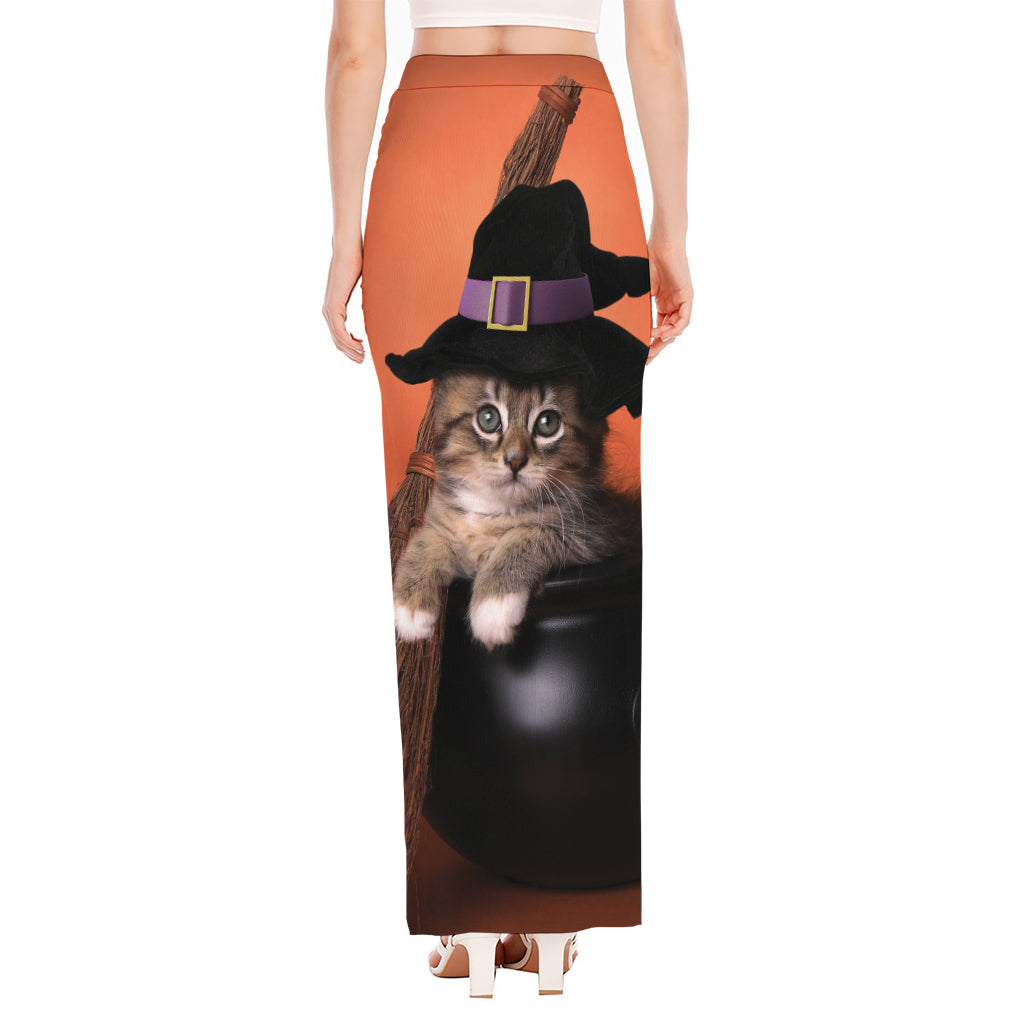 Halloween Cute Witch Cat Print High Slit Maxi Skirt