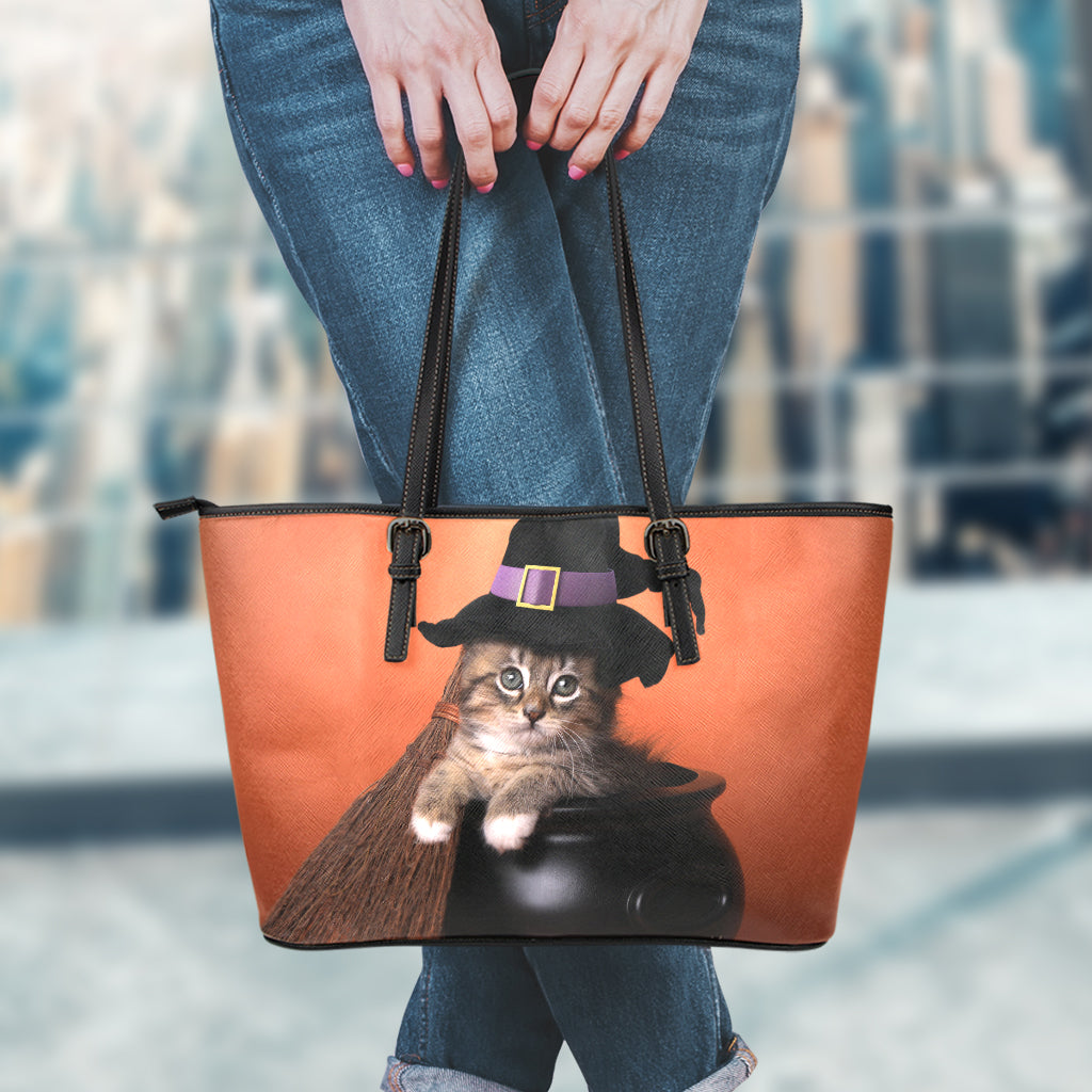 Halloween Cute Witch Cat Print Leather Tote Bag