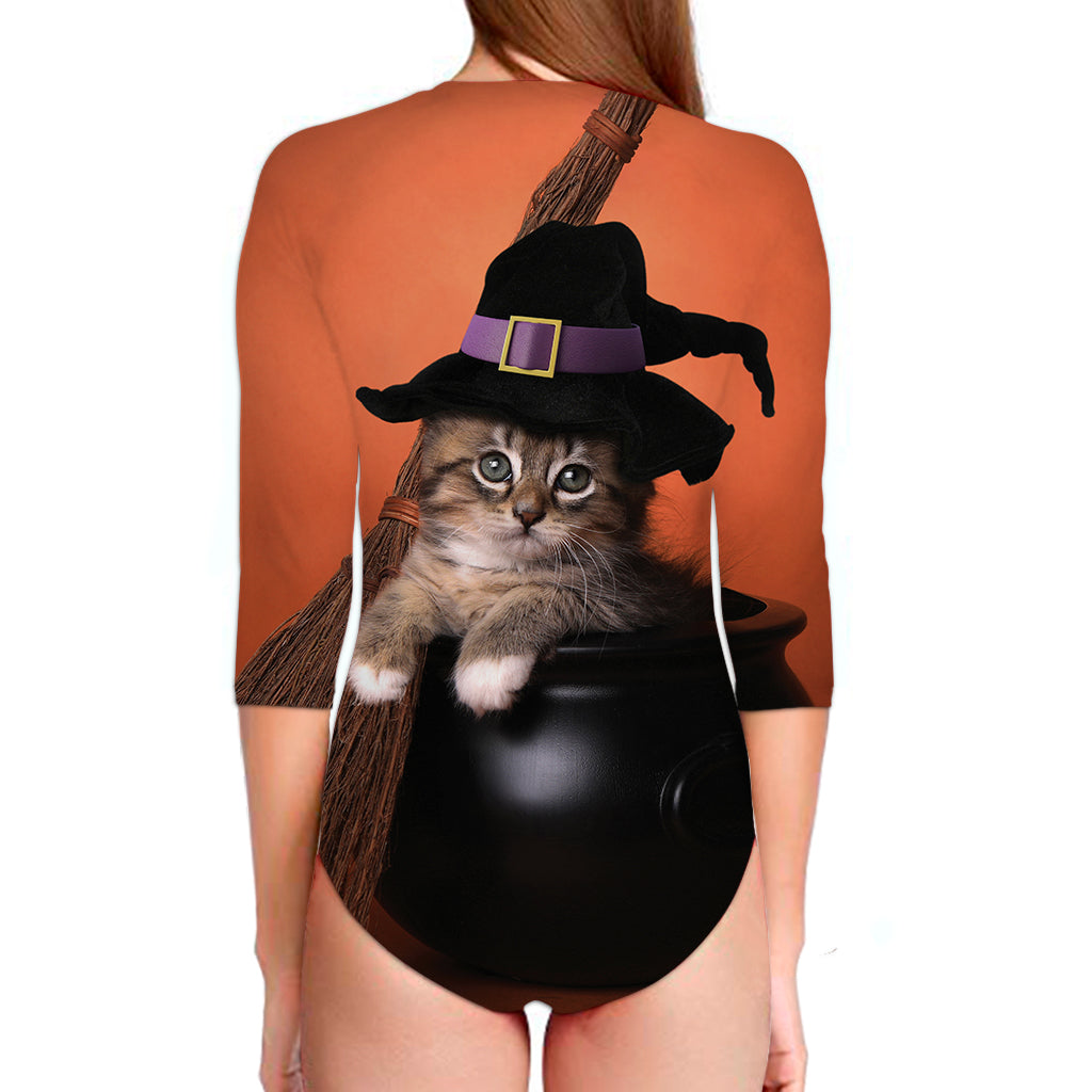 Halloween Cute Witch Cat Print Long Sleeve Swimsuit
