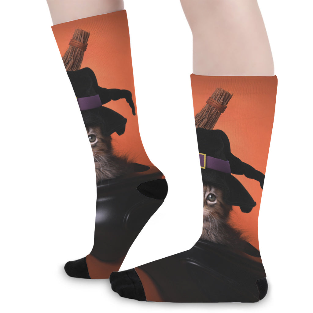 Halloween Cute Witch Cat Print Long Socks