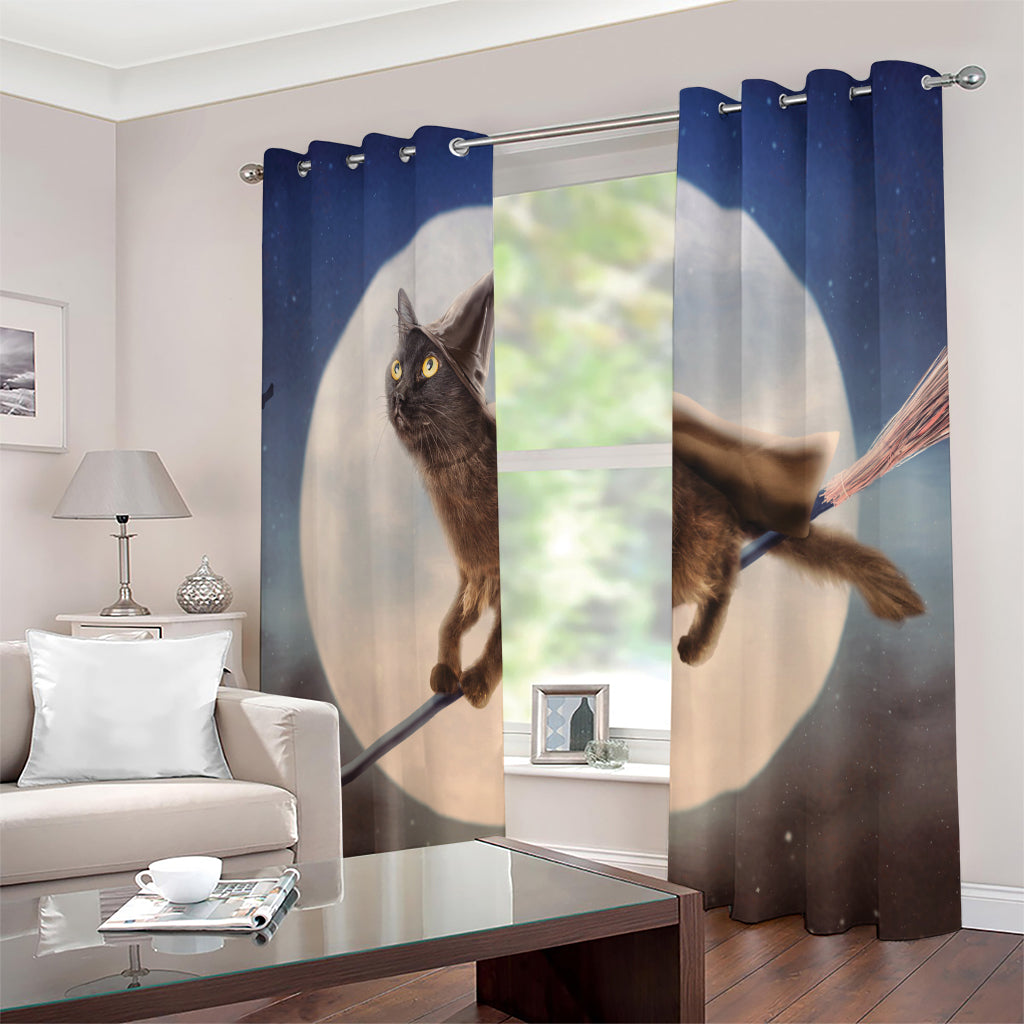 Halloween Flying Witch Cat Print Extra Wide Grommet Curtains