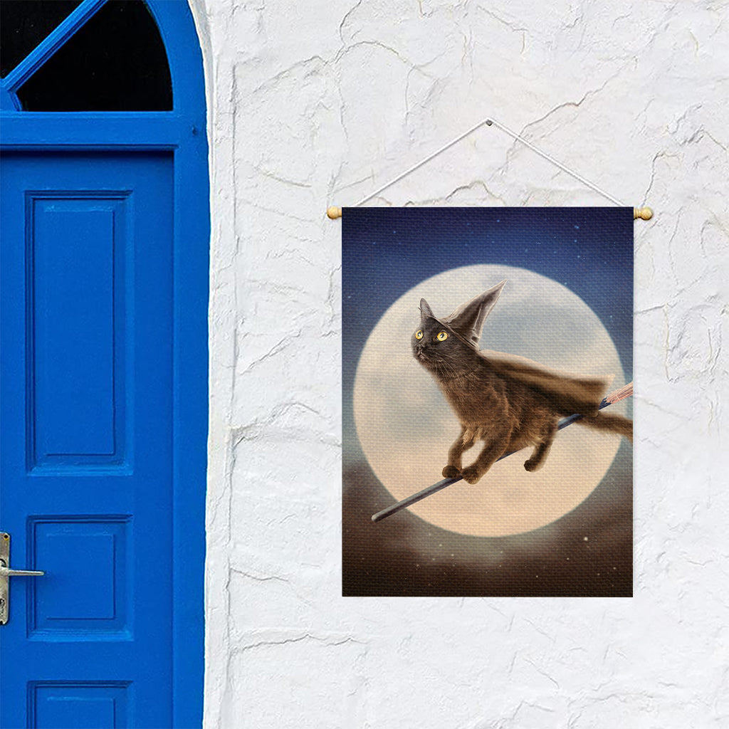 Halloween Flying Witch Cat Print Garden Flag