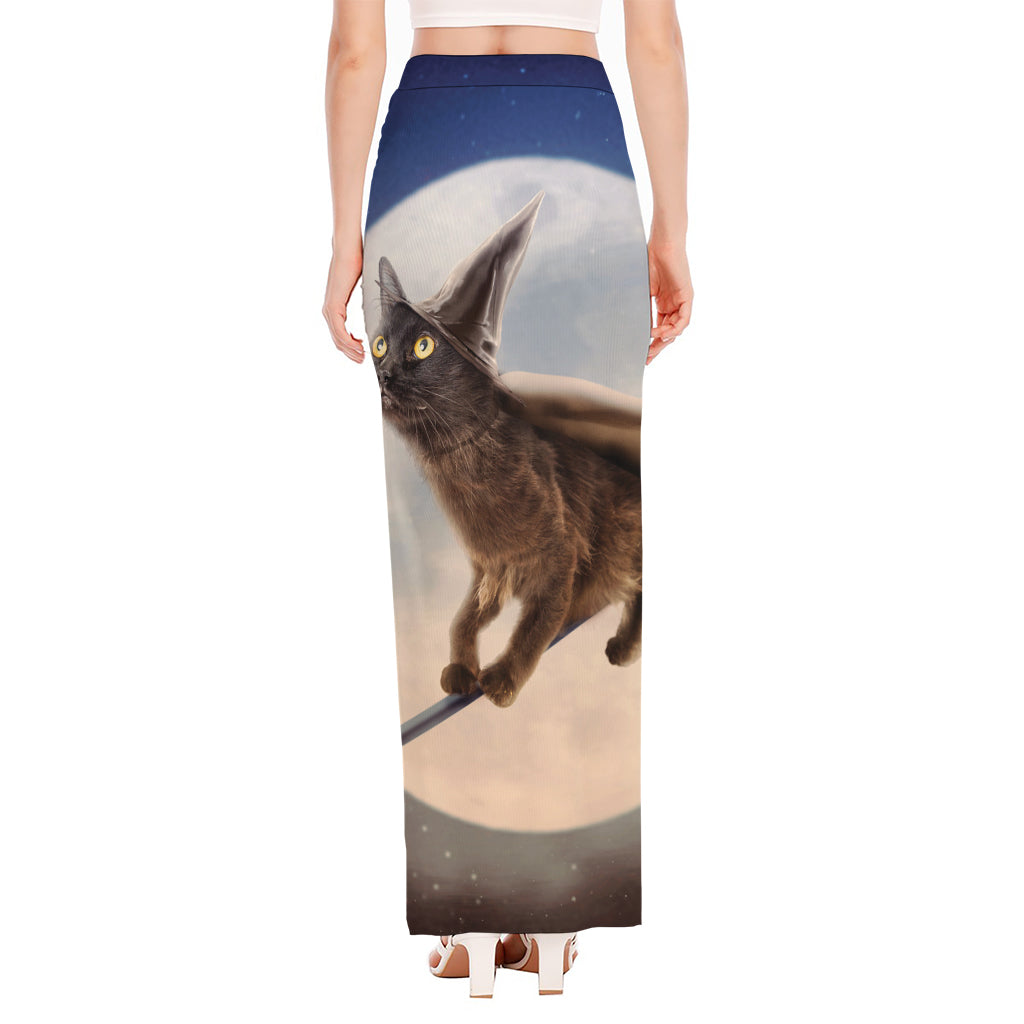 Halloween Flying Witch Cat Print High Slit Maxi Skirt