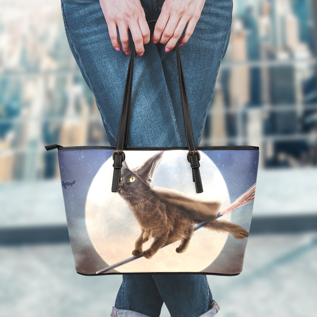 Halloween Flying Witch Cat Print Leather Tote Bag