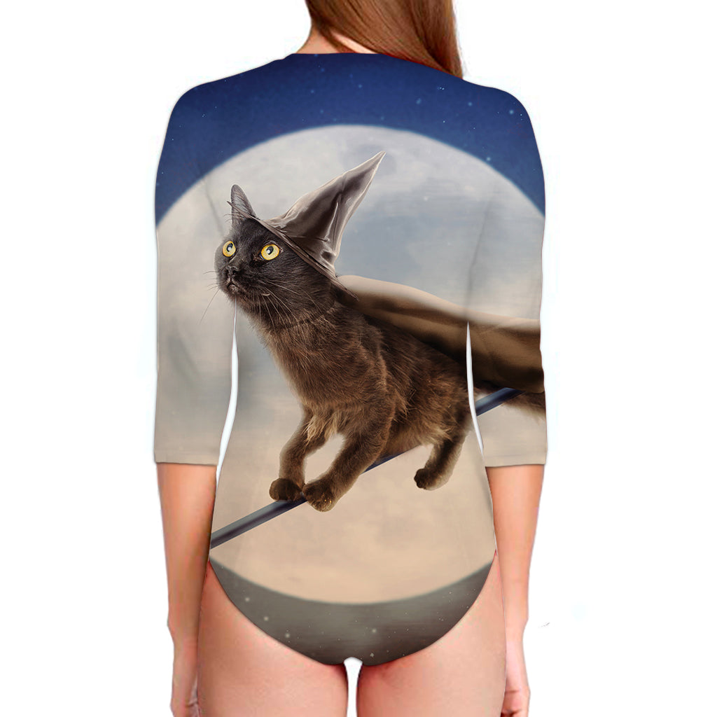 Halloween Flying Witch Cat Print Long Sleeve Swimsuit