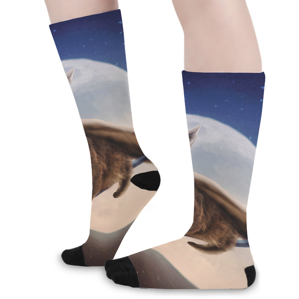 Halloween Flying Witch Cat Print Long Socks