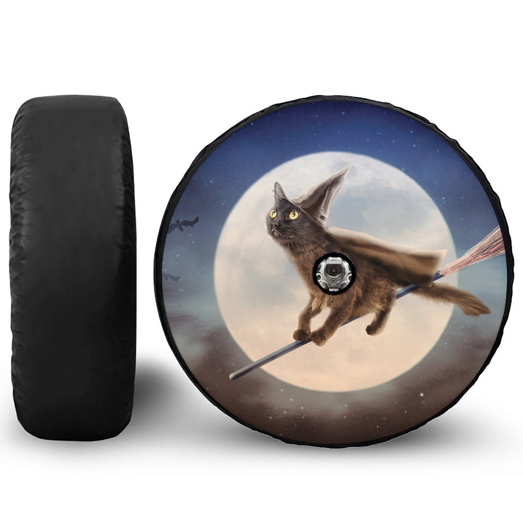Halloween Flying Witch Cat Print Tire Cover With Camera Hole