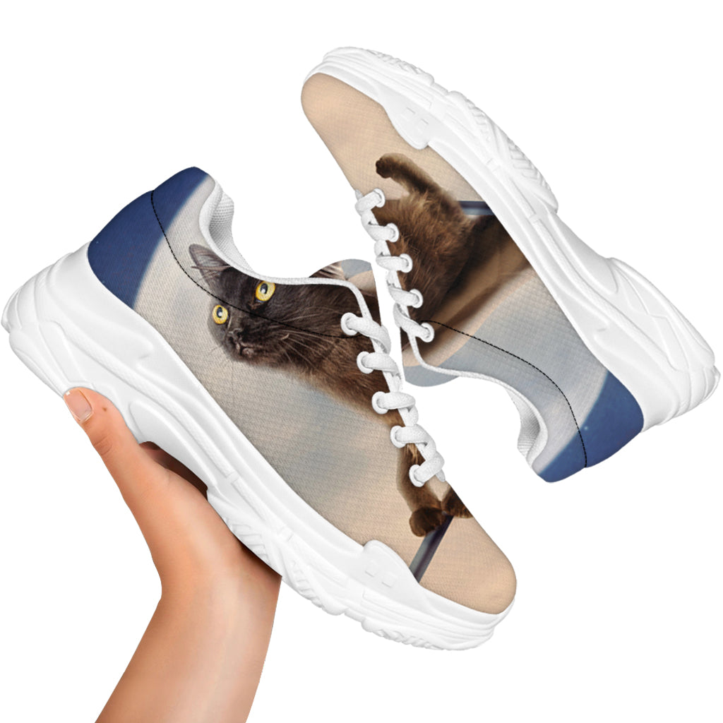 Halloween Flying Witch Cat Print White Chunky Shoes