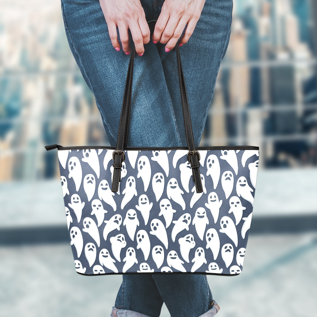 Halloween Ghost Pattern Print Leather Tote Bag