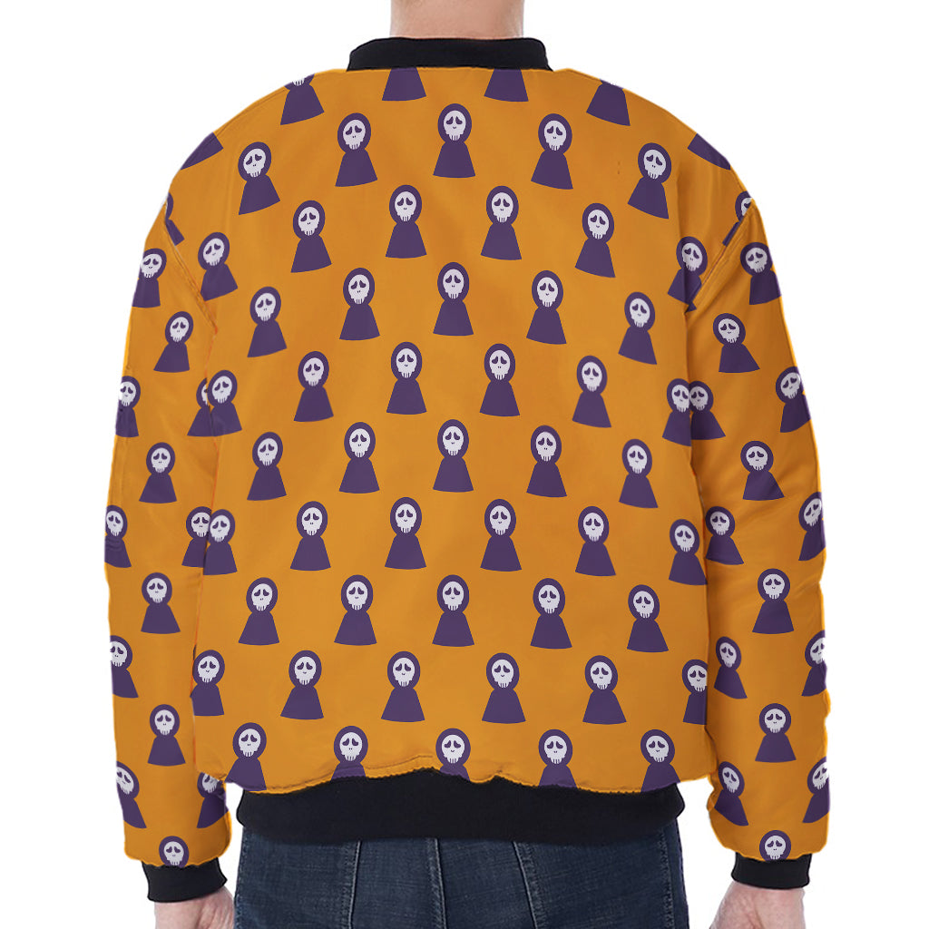 Halloween Grim Reaper Pattern Print Zip Sleeve Bomber Jacket