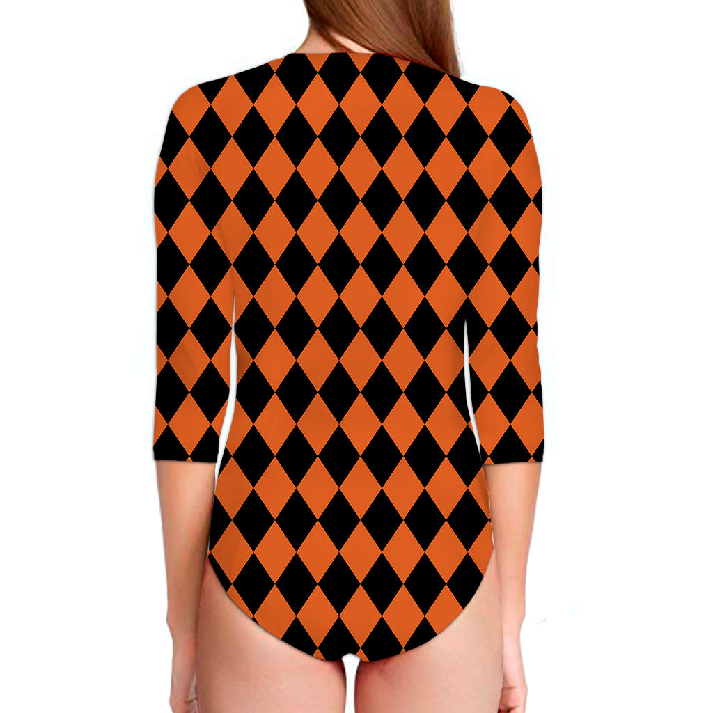 Halloween Harlequin Pattern Print Long Sleeve Swimsuit