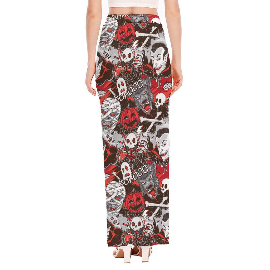 Halloween Monsters Pattern Print High Slit Maxi Skirt