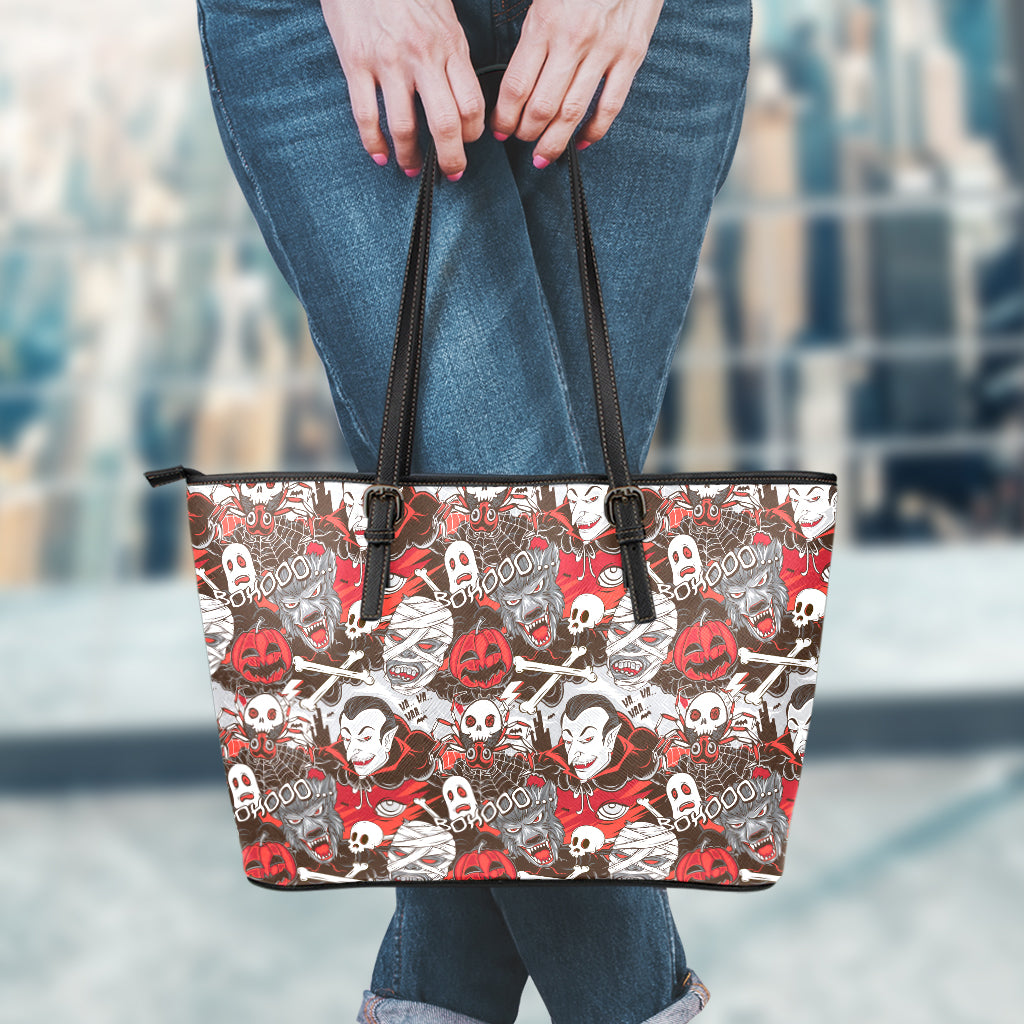 Halloween Monsters Pattern Print Leather Tote Bag