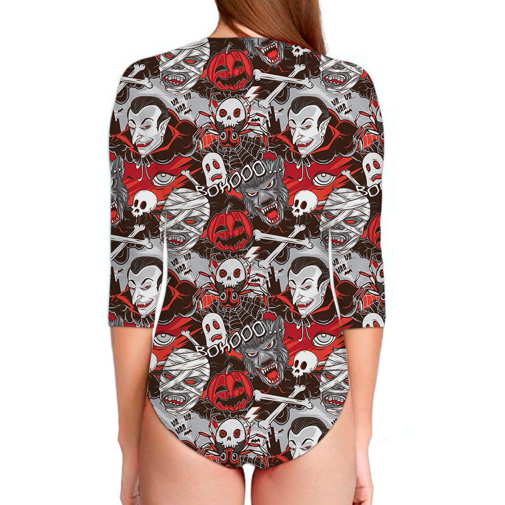 Halloween Monsters Pattern Print Long Sleeve Swimsuit