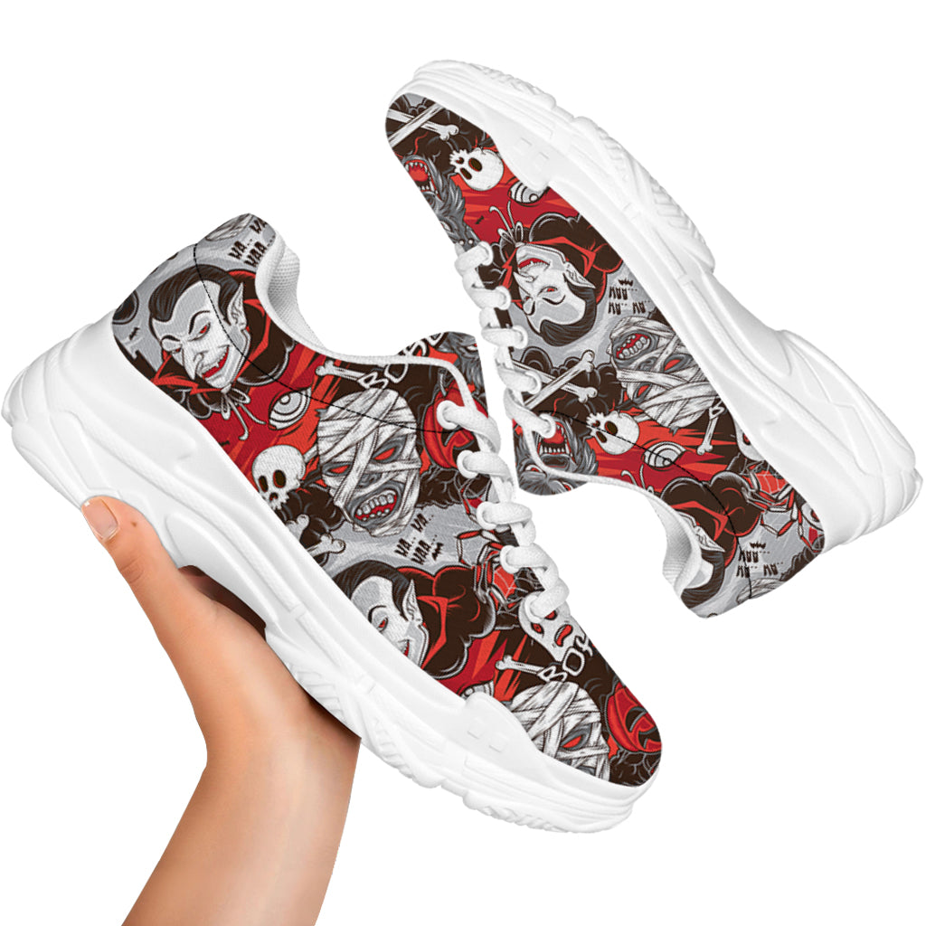 Halloween Monsters Pattern Print White Chunky Shoes