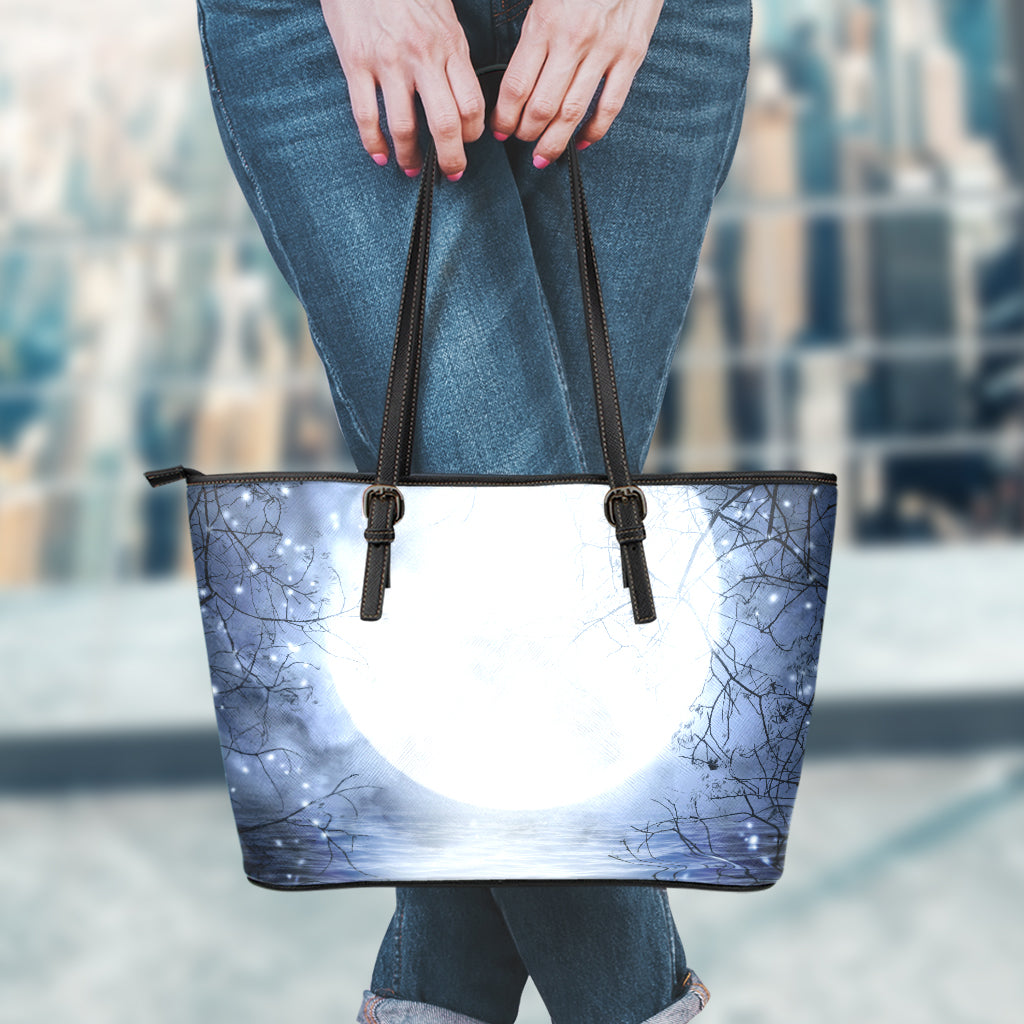 Halloween Moonlight Print Leather Tote Bag