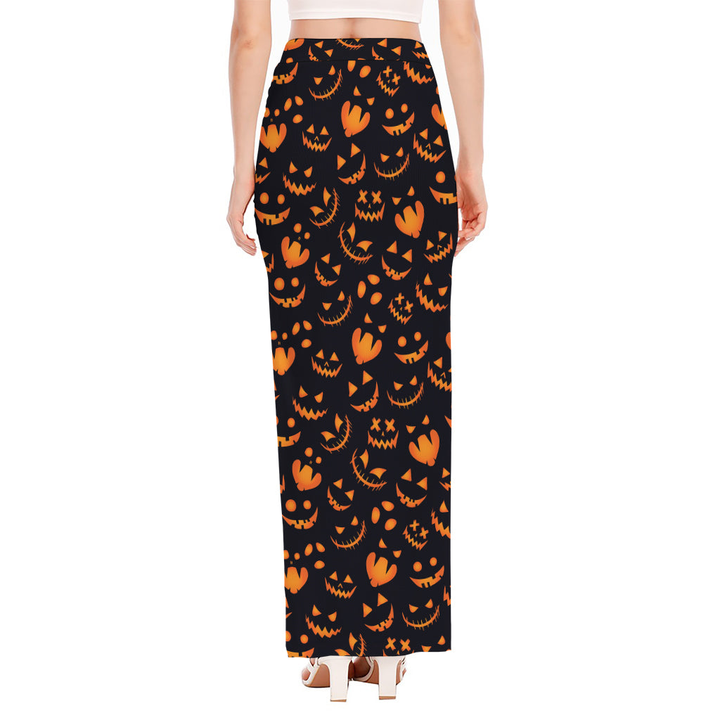 Halloween Pumpkin Faces Pattern Print High Slit Maxi Skirt