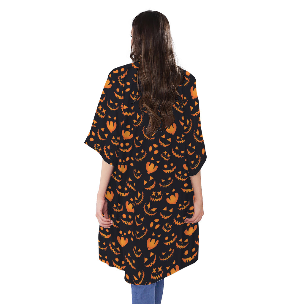Halloween Pumpkin Faces Pattern Print Open Front Beach Cover Up