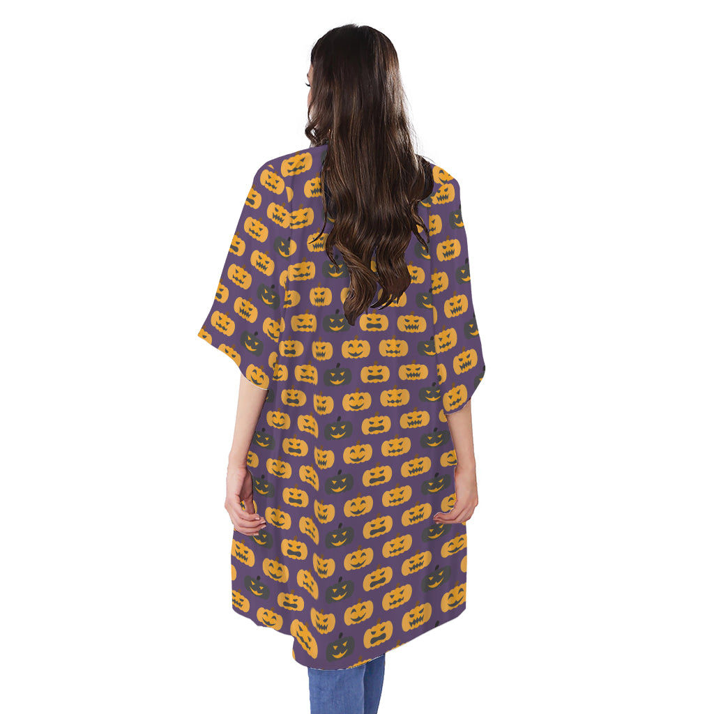 Halloween Pumpkin Pattern Print Open Front Beach Cover Up