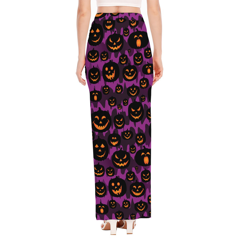 Halloween Pumpkin Smiley Faces Print High Slit Maxi Skirt