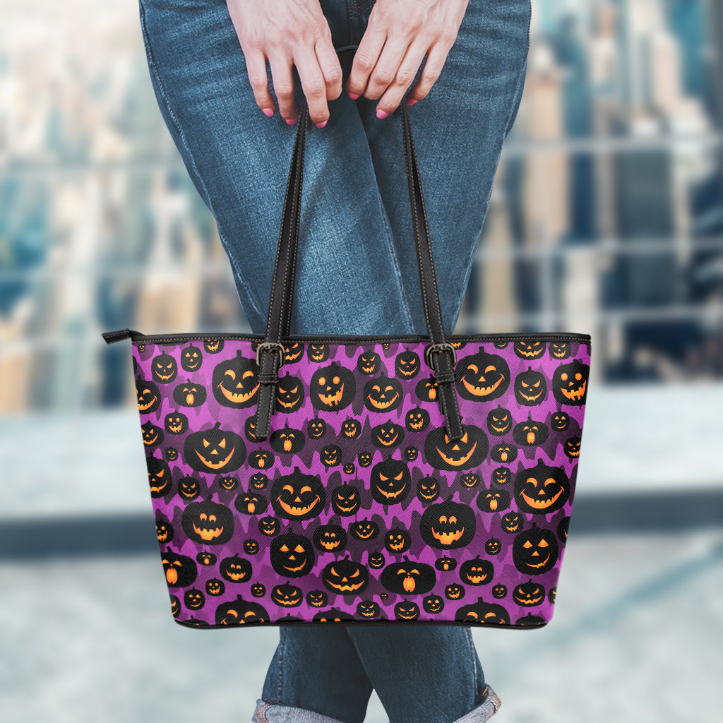 Halloween Pumpkin Smiley Faces Print Leather Tote Bag