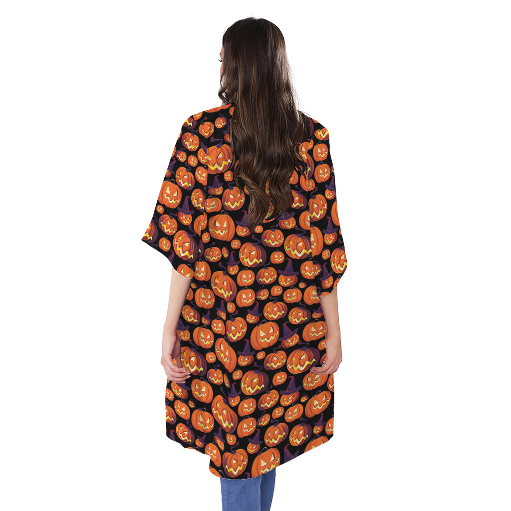 Halloween Pumpkin Witch Pattern Print Open Front Beach Cover Up