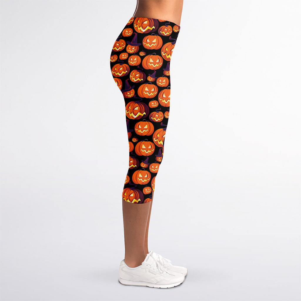 Halloween Pumpkin Witch Pattern Print Women's Capri Leggings