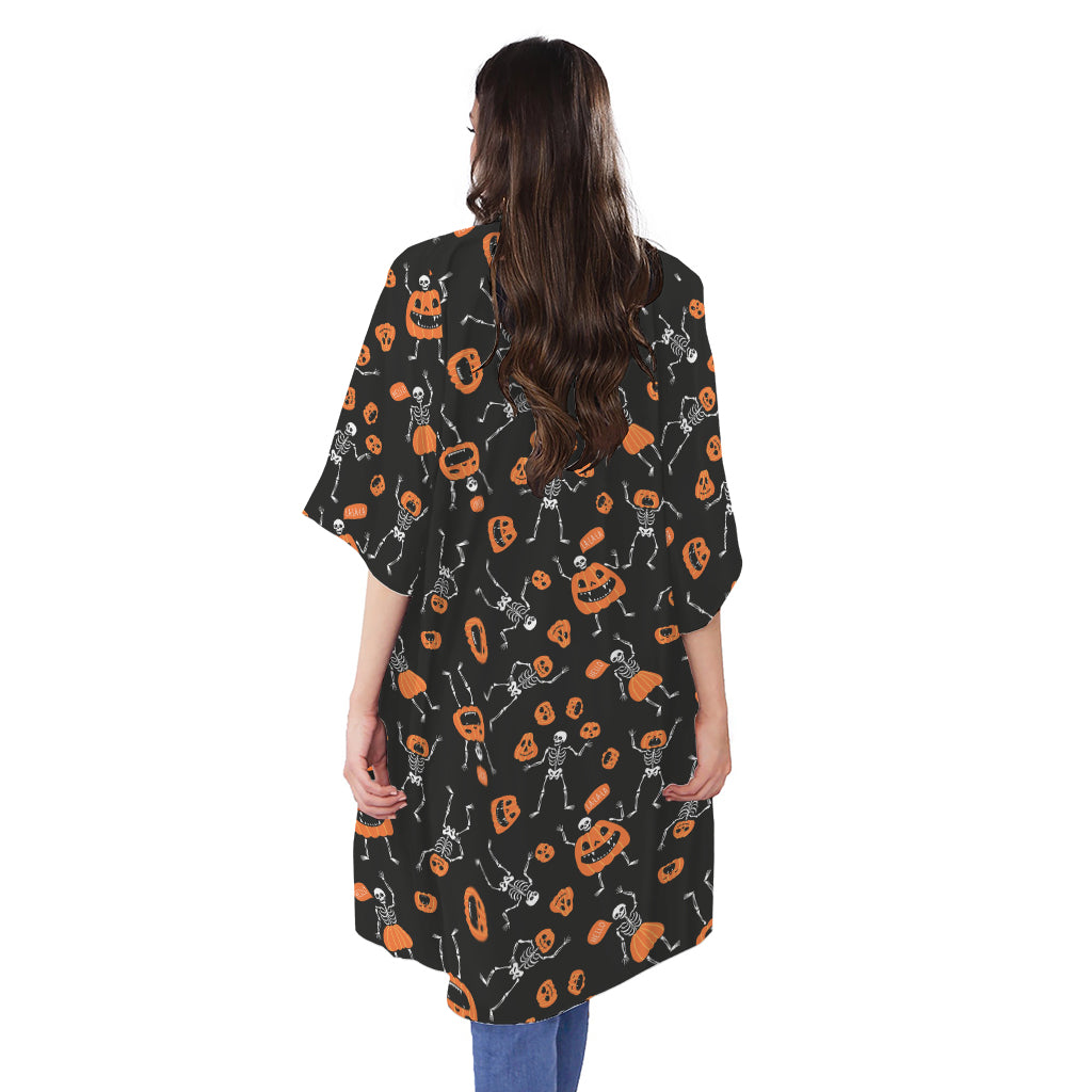 Halloween Skeleton And Pumpkin Print Open Front Beach Cover Up