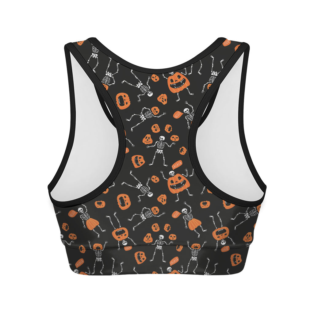 Halloween Skeleton And Pumpkin Print Women's Sports Bra