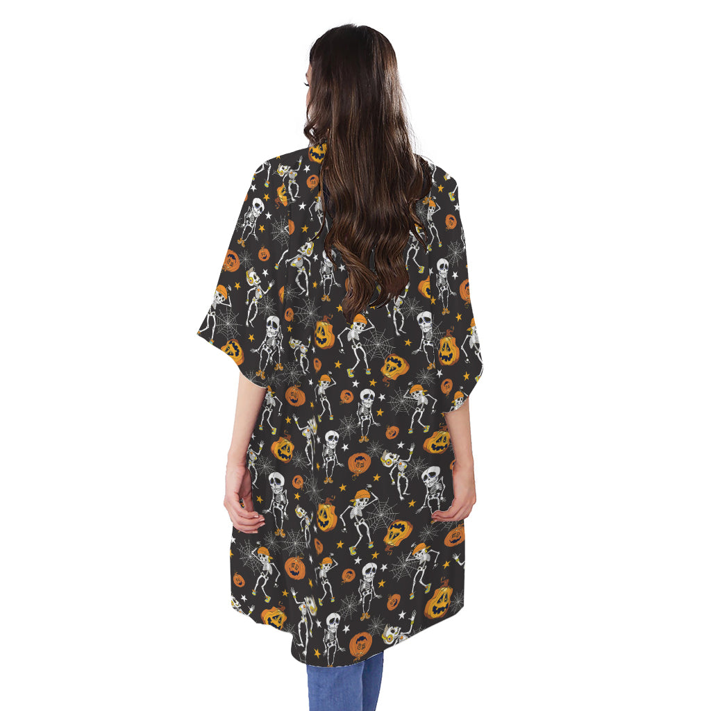 Halloween Skeleton Party Pattern Print Open Front Beach Cover Up