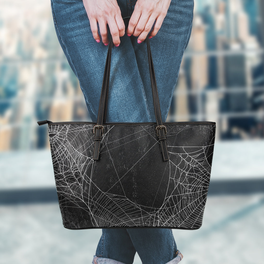 Halloween Spider Web Print Leather Tote Bag