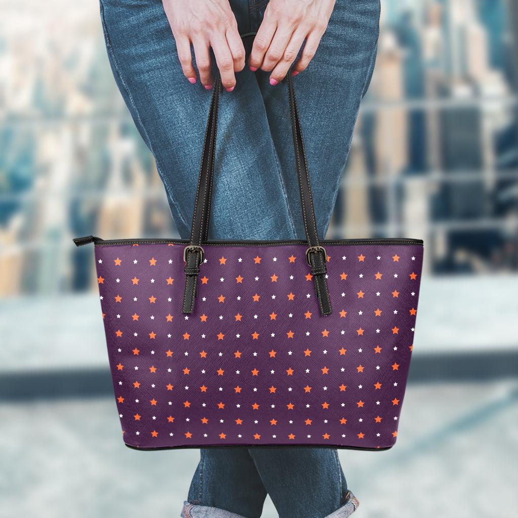 Halloween Stars Pattern Print Leather Tote Bag