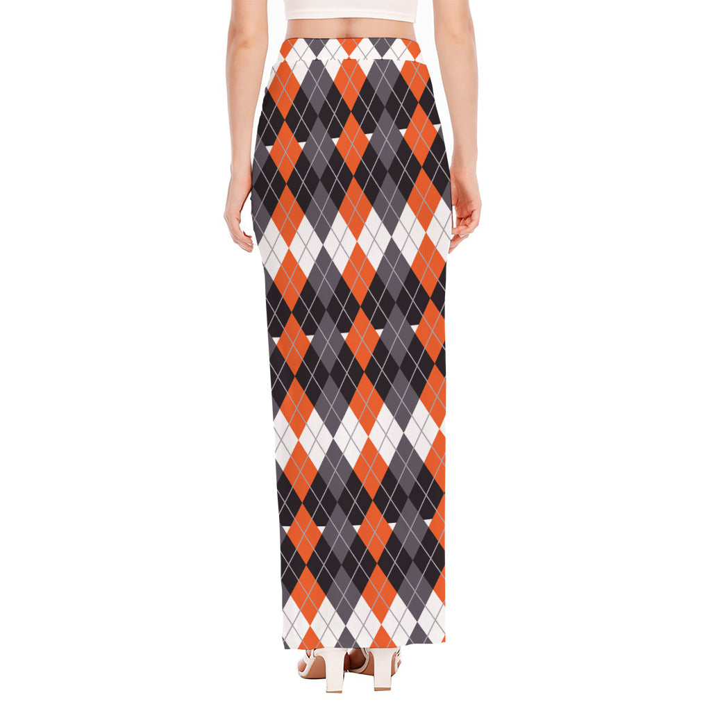 Halloween Themed Argyle Pattern Print High Slit Maxi Skirt