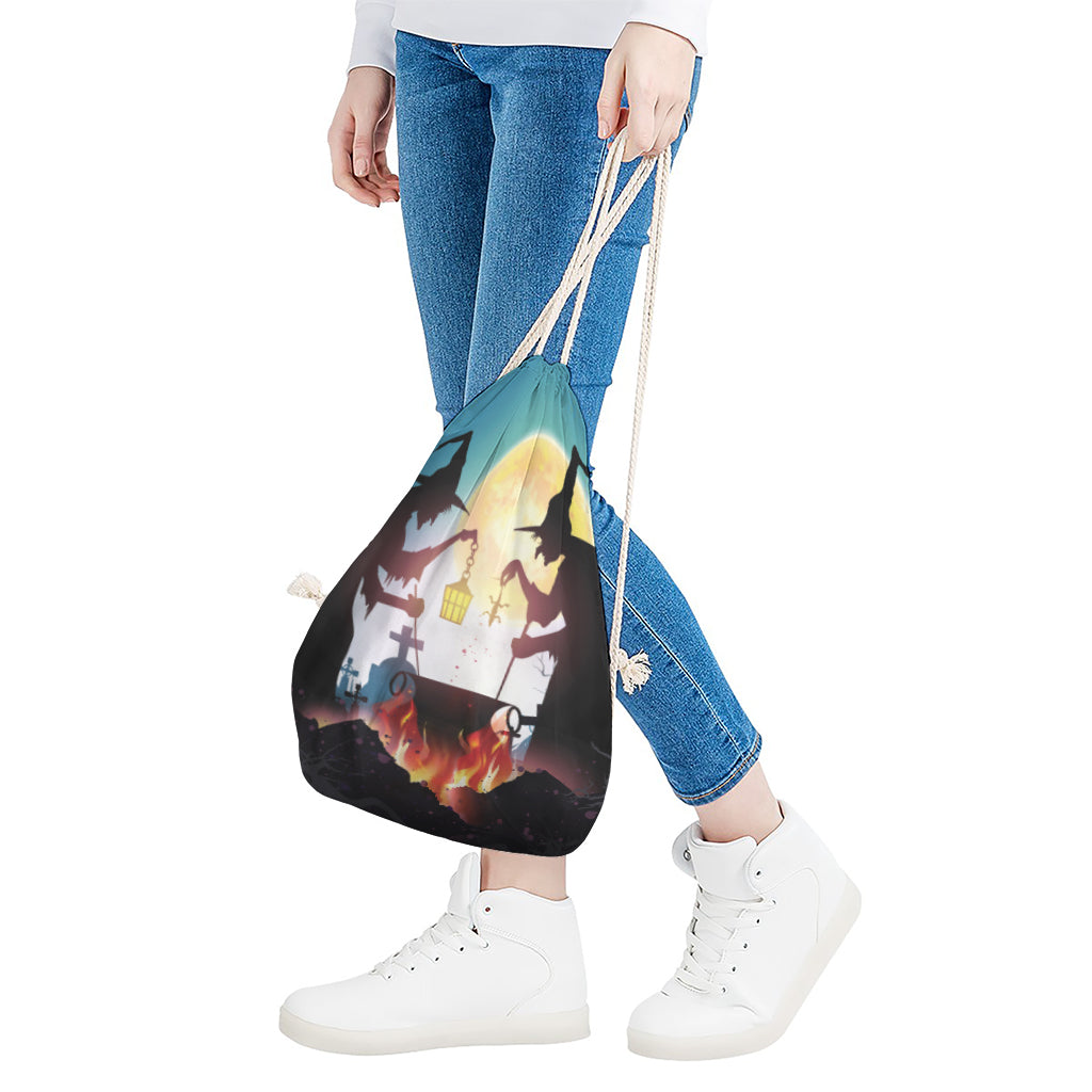 Halloween Witch And Cauldron Print Drawstring Bag