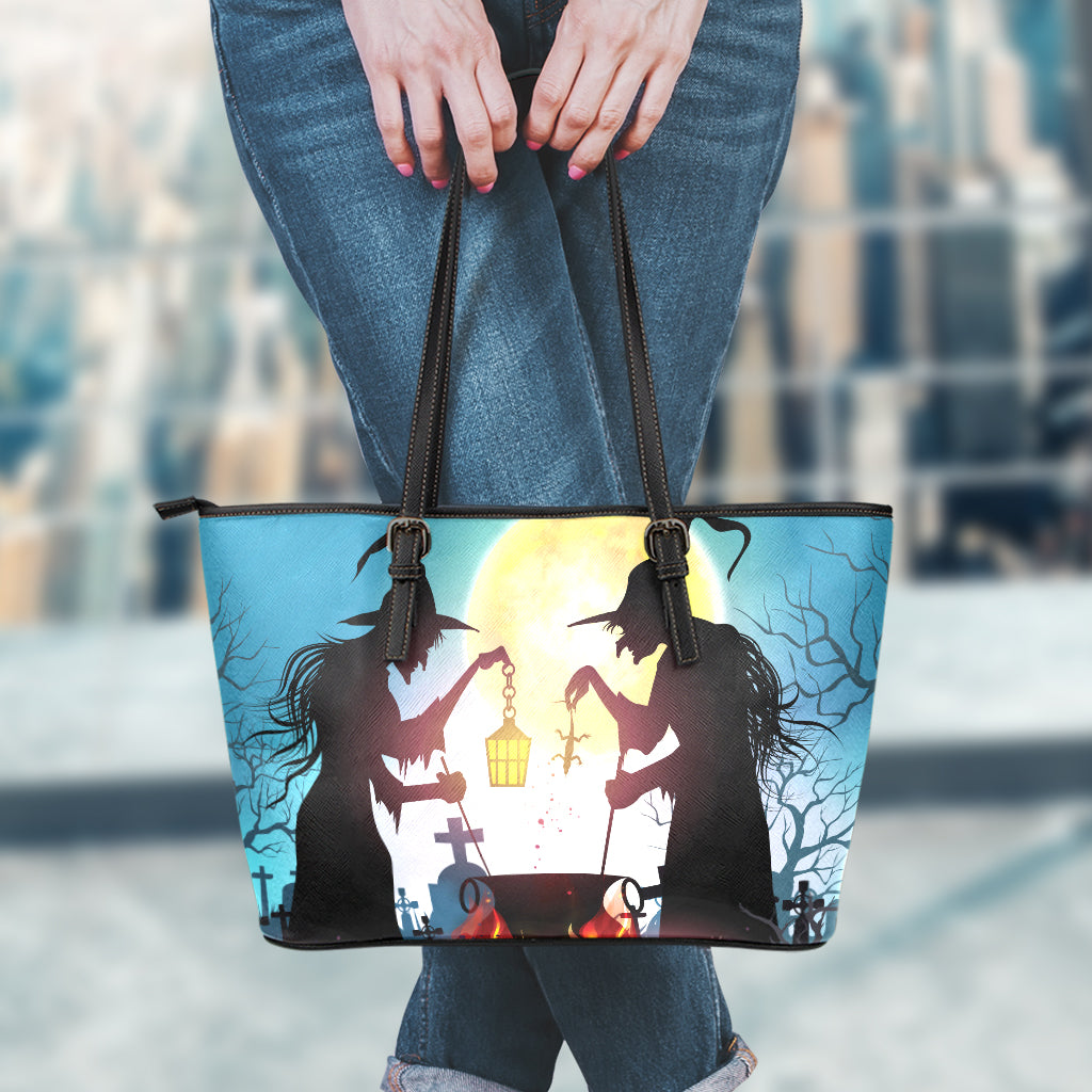 Halloween Witch And Cauldron Print Leather Tote Bag
