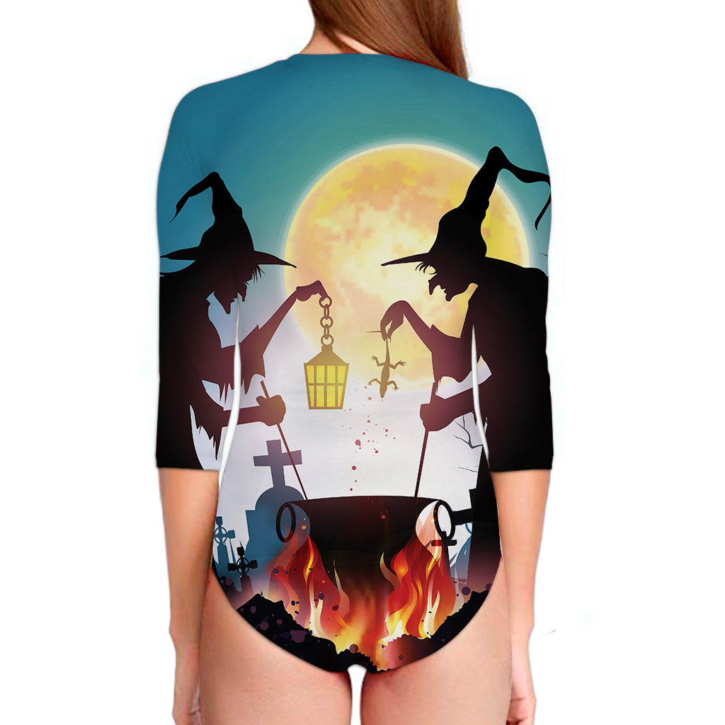 Halloween Witch And Cauldron Print Long Sleeve Swimsuit