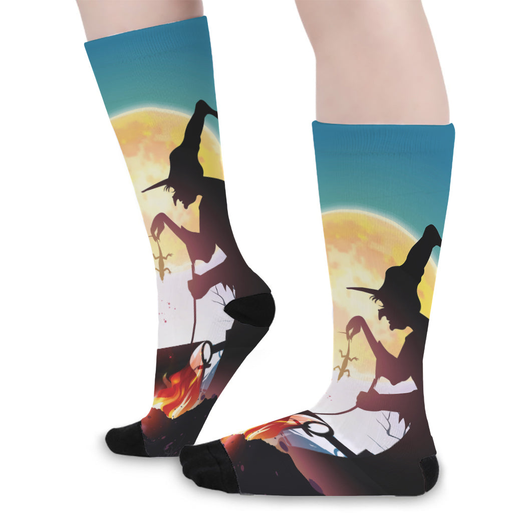 Halloween Witch And Cauldron Print Long Socks