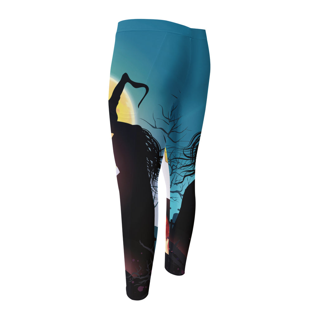 Halloween Witch And Cauldron Print Men's Compression Pants