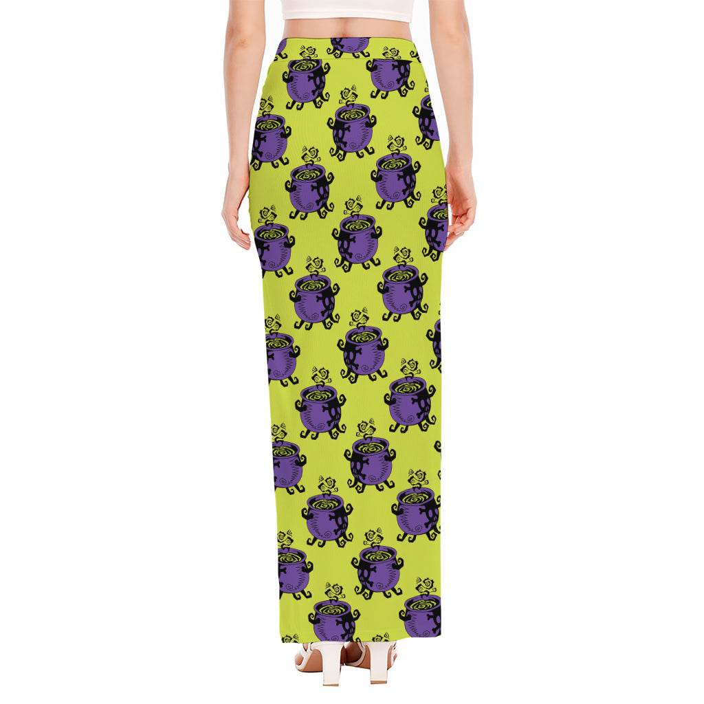 Halloween Witch Cauldron Pattern Print High Slit Maxi Skirt