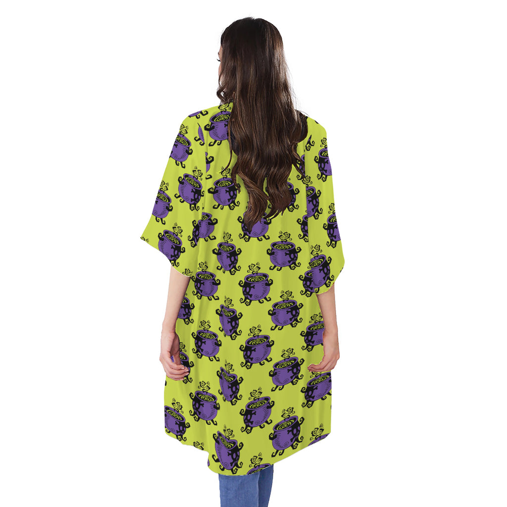Halloween Witch Cauldron Pattern Print Open Front Beach Cover Up