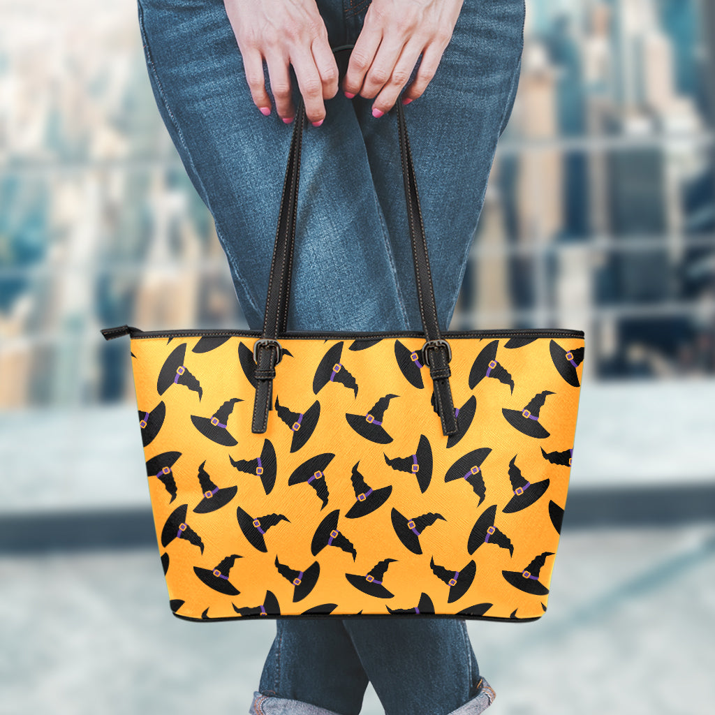 Halloween Witch Hat Pattern Print Leather Tote Bag