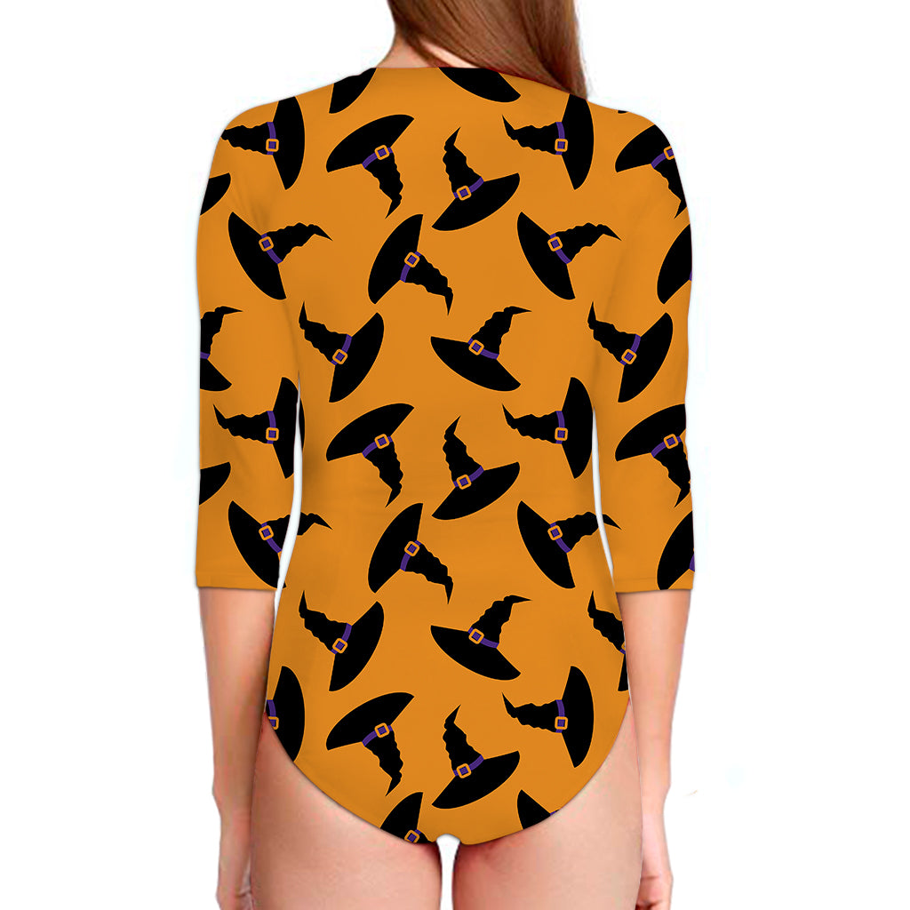 Halloween Witch Hat Pattern Print Long Sleeve Swimsuit