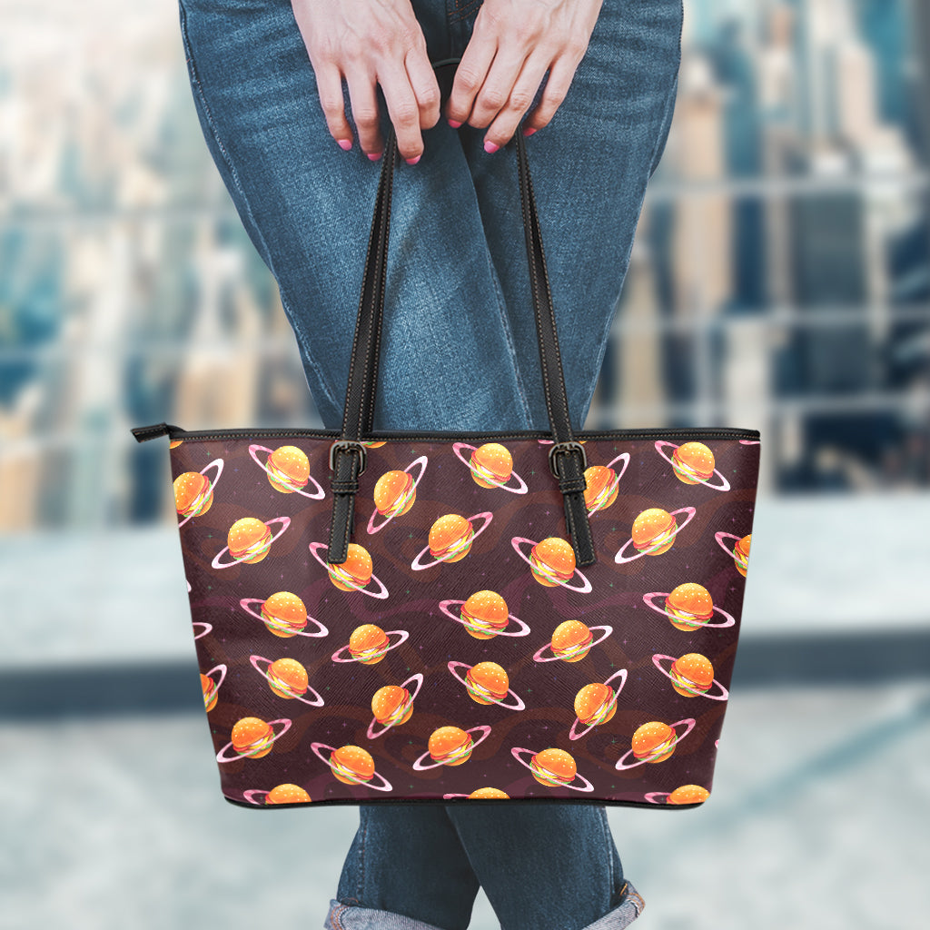 Hamburger Planet Pattern Print Leather Tote Bag