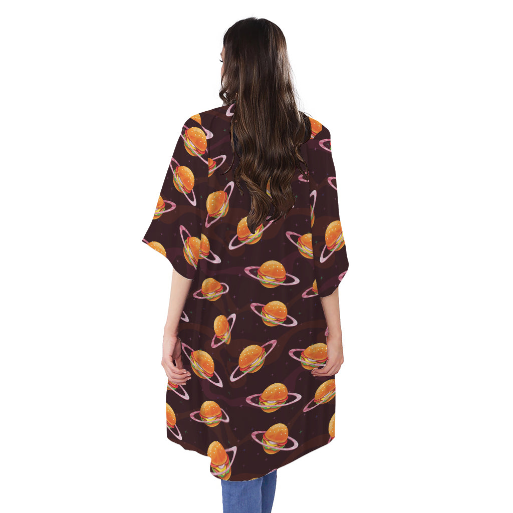 Hamburger Planet Pattern Print Open Front Beach Cover Up