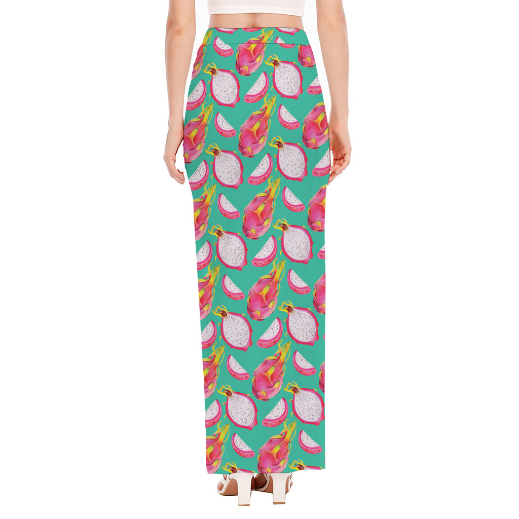 Hand Drawn Dragon Fruit Pattern Print High Slit Maxi Skirt