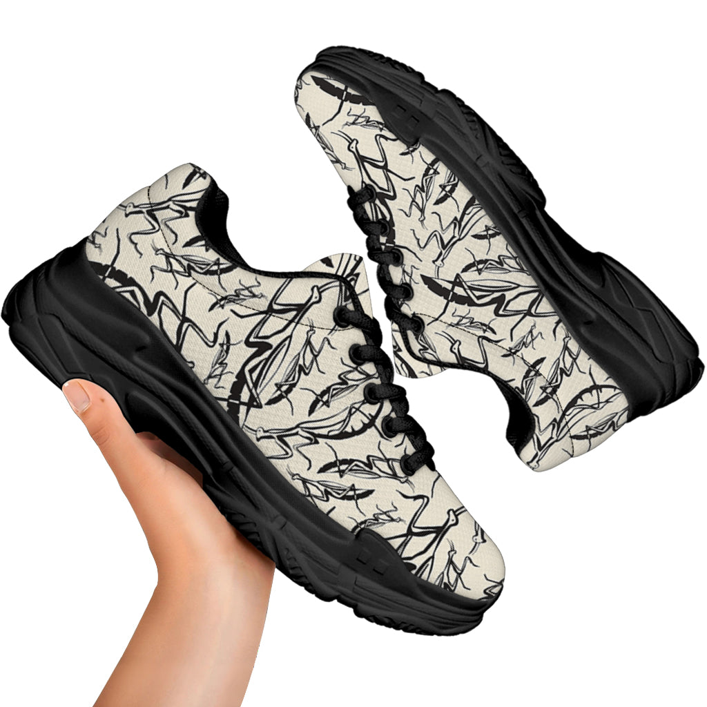 Hand Drawn Mantis Pattern Print Black Chunky Shoes