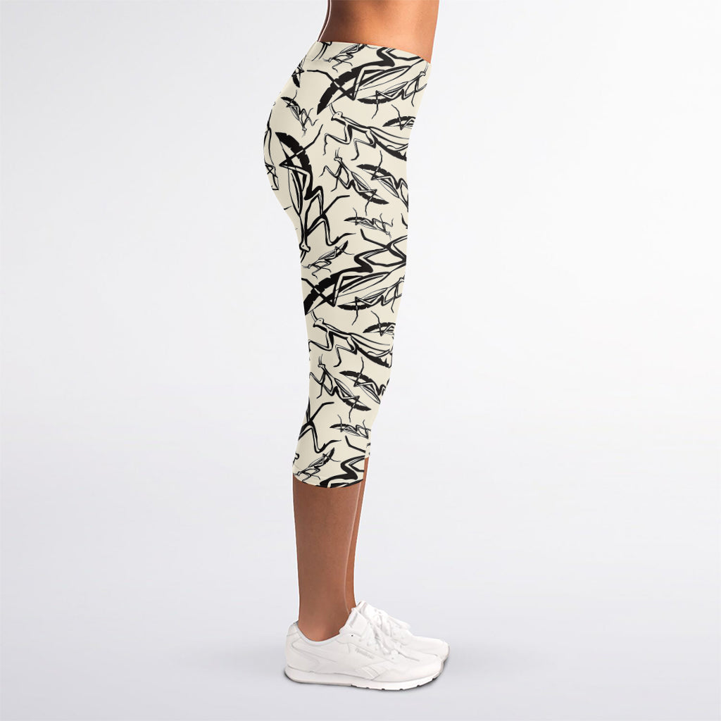 Hand Drawn Mantis Pattern Print Women's Capri Leggings