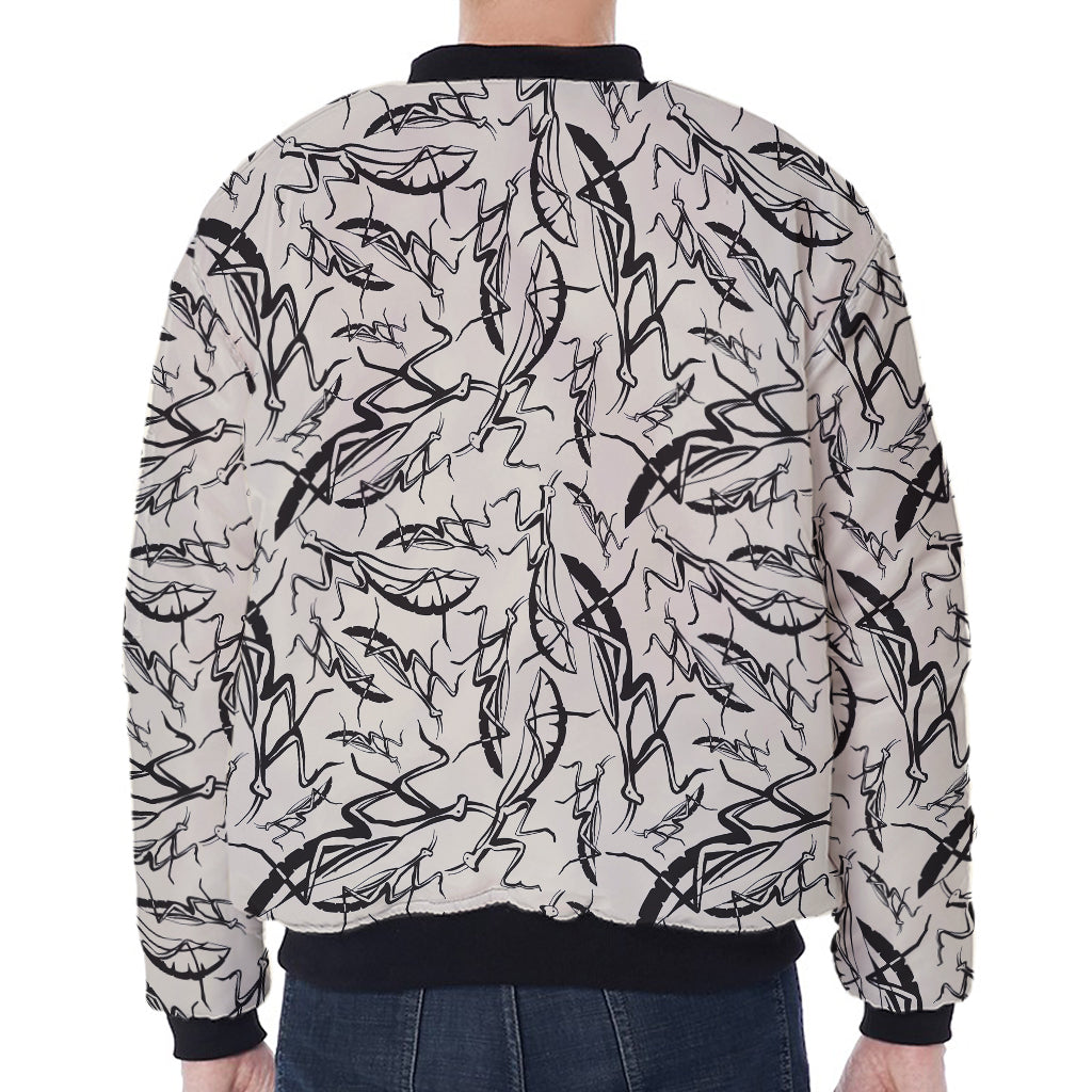 Hand Drawn Mantis Pattern Print Zip Sleeve Bomber Jacket