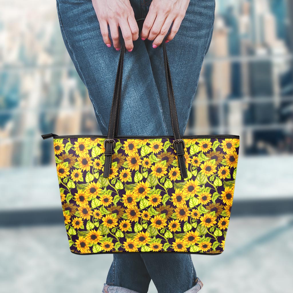 Hand Drawn Sunflower Pattern Print Leather Tote Bag